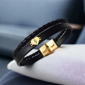 14 Ayar Altın Plakalı Harfe Özel Doğal Siyah Derili Kalp Motifli Hediye Bileklik-549 thumbnail 1