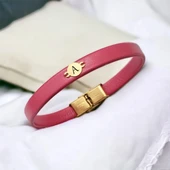 14 Ayar Altın Plakalı Harfe Özel Doğal Pembe Derili Yuvarlak Motifli Hediye Bileklik-551 thumbnail 1