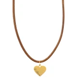 14 Ayar Altın Plakalı İsme Özel Kalp Figürlü Doğal Kahverengi Derili Hediyelik Kolye-550 thumbnail 2