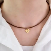 14 Ayar Altın Plakalı Harfe Özel Doğal Kahverengi Derili Kalp Figürlü Hediyelik Kolye-550 thumbnail 1