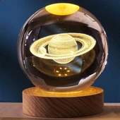 Dekoratif Satürn Tasarımlı Ahşap Altlıklı Işıklı Cam Küre Cam:6cm Ahşap:2cm - 1