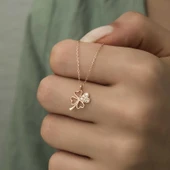 925 Ayar Gümüş Rose Kalpli Dört Yapraklı Yonca Kadın Gümüş Kolye T7077 (599599) - 2