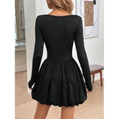 Lucky Life Kadın Uzun Kollu Kare Yaka Mini Balon Modal Elbise - 3