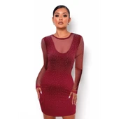 Lucky Life Kadın Uzun Kollu Yuvarlak Yaka Dekolteli Taşlı Dalgıç Elbise thumbnail 5