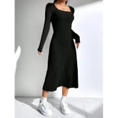 Lucky Life Kadın Uzun Kollu Kare Yaka Midi Kaşkorse Elbise thumbnail 3