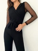 Lucky Life Kadın Uzun Kollu Kruvaze Yakalı Kolları Tül Detay Beli Kuşaklı Ithal Krep Tulum thumbnail 11