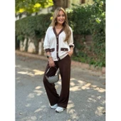 Lucky Life Kadın Uzun Kollu Ribanali Cep Detay Hırka Ve Bol Paça Pantolon Ikili Takım - 3