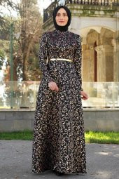 Brokar Kumaş Tesettür Abiye Elbise - Siyah - 1