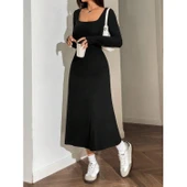 Lucky Life Kadın Uzun Kollu Kare Yaka Midi Kaşkorse Elbise thumbnail 5