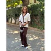 Lucky Life Kadın Uzun Kollu Ribanali Cep Detay Hırka Ve Bol Paça Pantolon Ikili Takım - 1