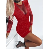 Lucky Life Kadın Uzun Kollu Yuvarlak Yaka Dekolteli Taşlı Dalgıç Elbise thumbnail 1