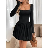 Lucky Life Kadın Uzun Kollu Kare Yaka Mini Balon Modal Elbise - 1