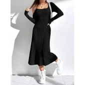 Lucky Life Kadın Uzun Kollu Kare Yaka Midi Kaşkorse Elbise thumbnail 2