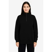 Lucky Life Üç İplik Dık Yaka Yarım Fermuarlı SweatShirt - Siyah - 3