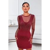 Lucky Life Kadın Uzun Kollu Yuvarlak Yaka Dekolteli Taşlı Dalgıç Elbise thumbnail 4