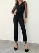 Lucky Life Kadın Uzun Kollu Kruvaze Yakalı Kolları Tül Detay Beli Kuşaklı Ithal Krep Tulum thumbnail 12