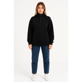 Lucky Life Üç İplik Dık Yaka Yarım Fermuarlı SweatShirt - Siyah - 1