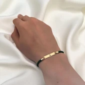 14 Ayar Altın Plakalı Harfe Özel Dikdörtgen Motifli Koyu Yeşil İpek Örgülü Hediye Bileklik-554 thumbnail 2