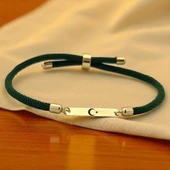 14 Ayar Altın Plakalı Sembole Özel Koyu Yeşil İpek Örgülü Dikdörtgen Motifli Hediye Bileklik-554 thumbnail 1