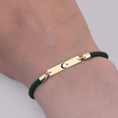 14 Ayar Altın Plakalı Sembole Özel Koyu Yeşil İpek Örgülü Dikdörtgen Motifli Hediye Bileklik-554 thumbnail 3