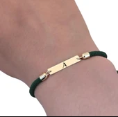 14 Ayar Altın Plakalı Harfe Özel Dikdörtgen Motifli Koyu Yeşil İpek Örgülü Hediye Bileklik-554 thumbnail 3