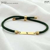 14 Ayar Altın Plakalı Burca Özel Dikdörtgen Motifli Koyu Yeşil İpek Örgülü Hediye Bileklik-554 thumbnail 1