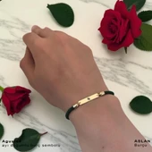 14 Ayar Altın Plakalı Burca Özel Dikdörtgen Motifli Koyu Yeşil İpek Örgülü Hediye Bileklik-554 thumbnail 2