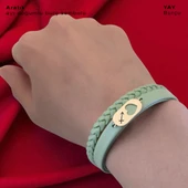 14 Ayar Altın Plakalı Doğum Ayına Özel Kalp Detaylı Oval Motifli Doğal Yeşil Derili Hediye Bileklik-556 thumbnail 2