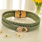 14 Ayar Altın Plakalı İsme Özel Kalp Detaylı Oval Motifli Doğal Yeşil Derili Hediye Bileklik-556 thumbnail 1