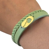 14 Ayar Altın Plakalı İsme Özel Kalp Detaylı Oval Motifli Doğal Yeşil Derili Hediye Bileklik-556 thumbnail 3