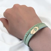 14 Ayar Altın Plakalı İsme Özel Kalp Detaylı Oval Motifli Doğal Yeşil Derili Hediye Bileklik-556 thumbnail 2