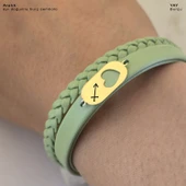 14 Ayar Altın Plakalı Doğum Ayına Özel Kalp Detaylı Oval Motifli Doğal Yeşil Derili Hediye Bileklik-556 thumbnail 3