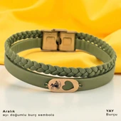 14 Ayar Altın Plakalı Burca Özel Kalp Detaylı Oval Motifli Doğal Yeşil Derili Hediye Bileklik-556 thumbnail 1