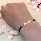 14 Ayar Altın Plakalı Sembole Özel Siyah Örgü İpli Dikdörtgen Figürlü Hediye Bileklik-555 thumbnail 2