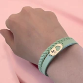 14 Ayar Altın Plakalı Sembole Özel Doğal Yeşil Derili Kalp Detaylı Oval Motifli Hediye Bileklik-556 thumbnail 2