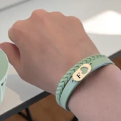 14 Ayar Altın Plakalı Harfe Özel Kalp Detaylı Oval Motifli Doğal Yeşil Derili Hediye Bileklik-556 thumbnail 2