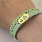 14 Ayar Altın Plakalı Burca Özel Kalp Detaylı Oval Motifli Doğal Yeşil Derili Hediye Bileklik-556 thumbnail 3