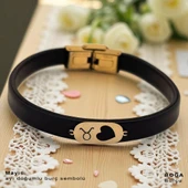 14 Ayar Altın Plakalı Doğum Ayına Özel Kalp Detaylı Oval Figürlü Doğal Siyah Derili Hediye Bileklik-557 thumbnail 1