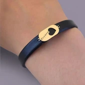 14 Ayar Altın Plakalı İsme Özel Kalp Detaylı Oval Figürlü Doğal Siyah Derili Hediye Bileklik-557 thumbnail 3