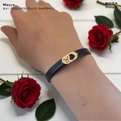 14 Ayar Altın Plakalı Doğum Ayına Özel Kalp Detaylı Oval Figürlü Doğal Siyah Derili Hediye Bileklik-557 thumbnail 2