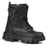 Kadın Siyah Postal Bot – Kalın Taban Fermuarlı Bağcıklı Cepli Tokalı Rahat Günlük Şık ve Dayanıklı thumbnail 3