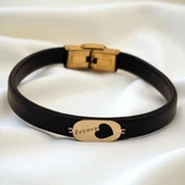 14 Ayar Altın Plakalı İsme Özel Kalp Detaylı Oval Figürlü Doğal Siyah Derili Hediye Bileklik-557 thumbnail 1