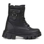 Kadın Siyah Postal Bot – Kalın Taban Fermuarlı Bağcıklı Cepli Tokalı Rahat Günlük Şık ve Dayanıklı thumbnail 4