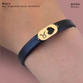 14 Ayar Altın Plakalı Doğum Ayına Özel Kalp Detaylı Oval Figürlü Doğal Siyah Derili Hediye Bileklik-557 thumbnail 3