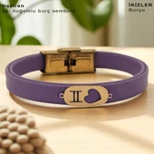 14 Ayar Altın Plakalı Doğum Ayına Özel Kalp Detaylı Oval Motifli Doğal Mor Derili Hediye Bileklik-558 thumbnail 1