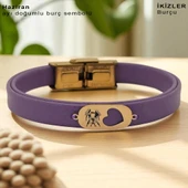 14 Ayar Altın Plakalı Burca Özel Kalp Detaylı Oval Motifli Doğal Mor Derili Hediye Bileklik-558 thumbnail 1
