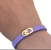 14 Ayar Altın Plakalı Sembole Özel Doğal Mor Derili Kalp Detaylı Oval Motifli Hediye Bileklik-558 thumbnail 3