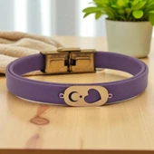 14 Ayar Altın Plakalı Sembole Özel Doğal Mor Derili Kalp Detaylı Oval Motifli Hediye Bileklik-558 thumbnail 1