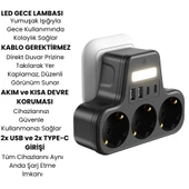 3’lü Duvar Tipi Akım Korumalı Priz  2 USB A + 2 Type C Girişli  LED Gece Lambalı Akıllı Çoklu Priz - 1