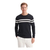 Slim Fit Viskon Kumaş Basic İki Çizgili Bisiklet Yaka Kazak - 1